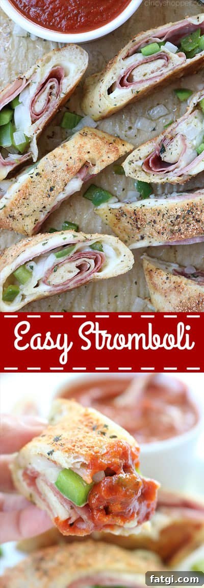 Easy Stromboli - Since we use store bought pizza dough, it comes together in no time at all. Load in your favorite toppings like ham, salami, provolone, mozzarella, peppers, onions, the combinations are endless.