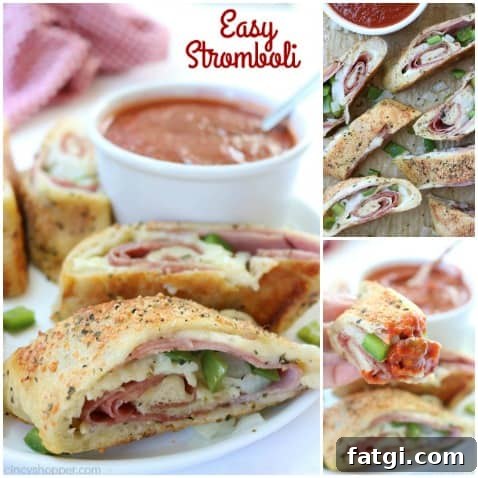 Easy Stromboli - Since we use store bought pizza dough, it comes together in no time at all. Load in your favorite toppings like ham, salami, provolone, mozzarella, peppers, onions, the combinations are endless.