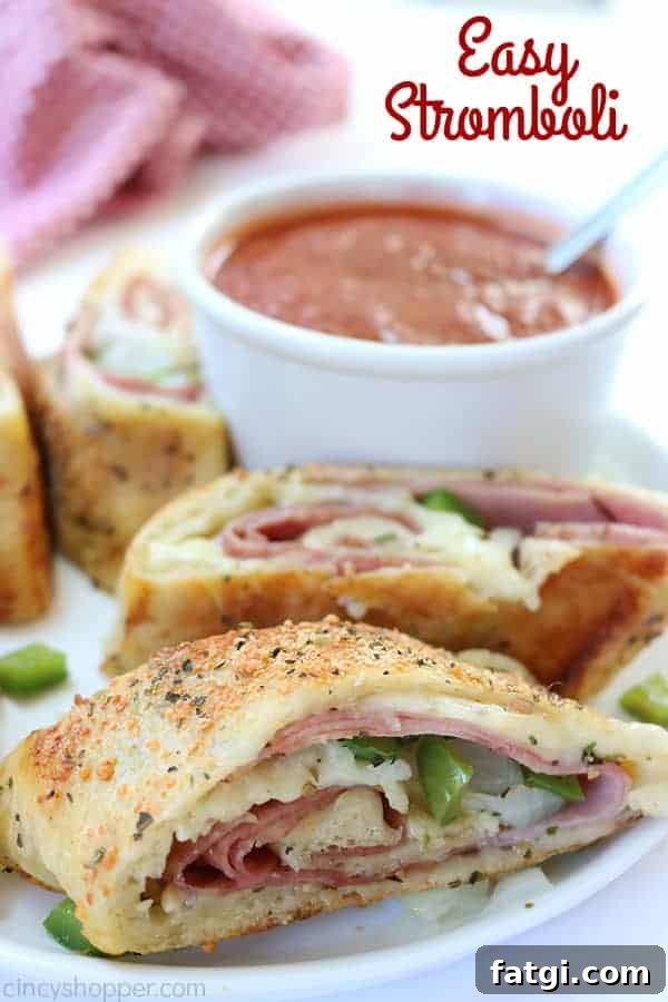 Easy Stromboli - Since we use store bought pizza dough, it comes together in no time at all. Load in your favorite toppings like ham, salami, provolone, mozzarella, peppers, onions, the combinations are endless.