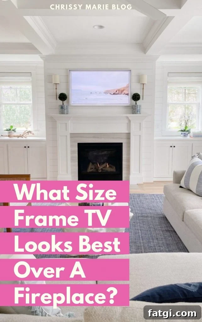 what size frame tv over fireplace Pinterest image