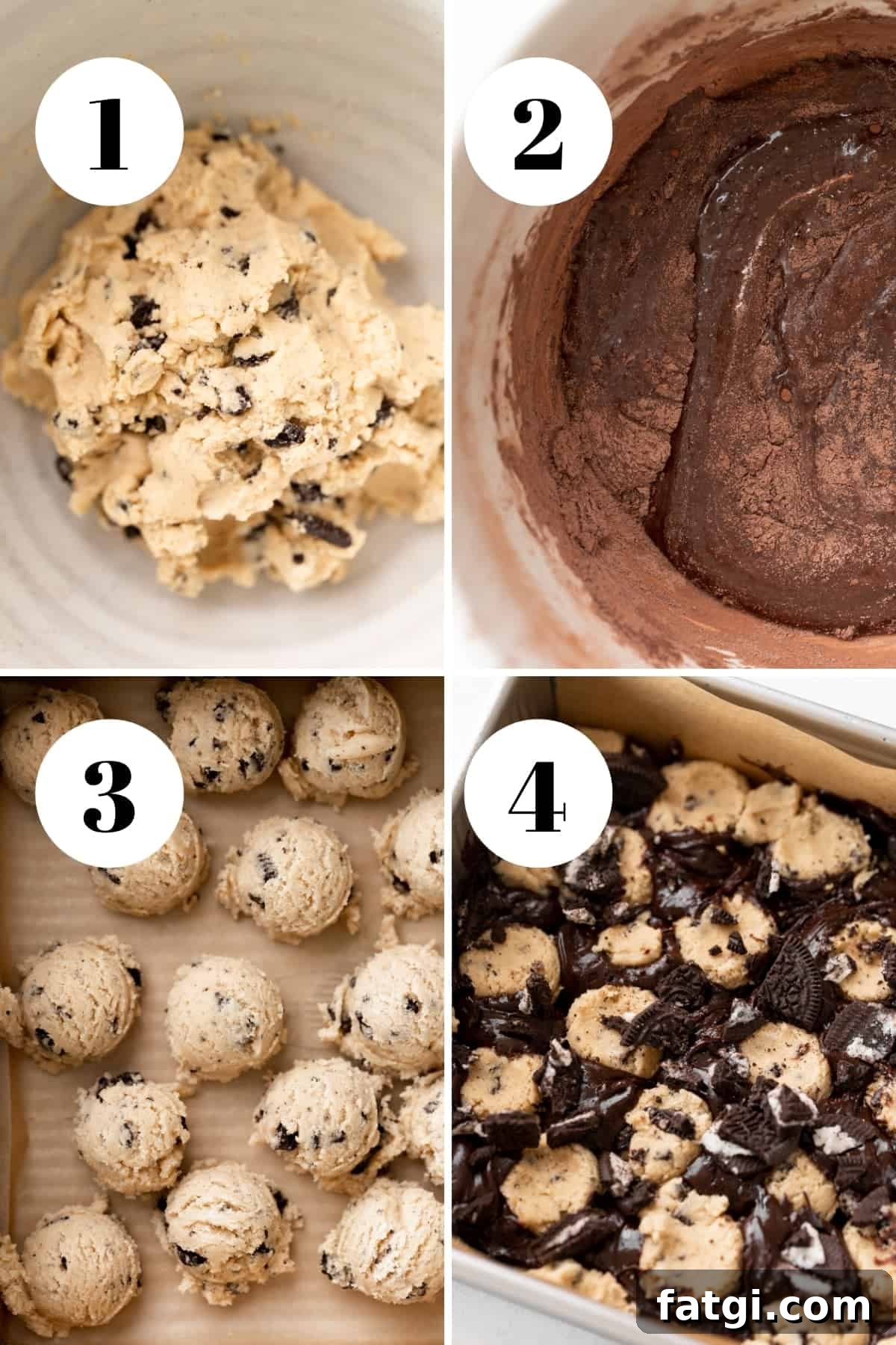 Oreo Brookies with Brownie and Cookie Layers 4 process collage of the steps for how to make the cookie dough and brownie batter.