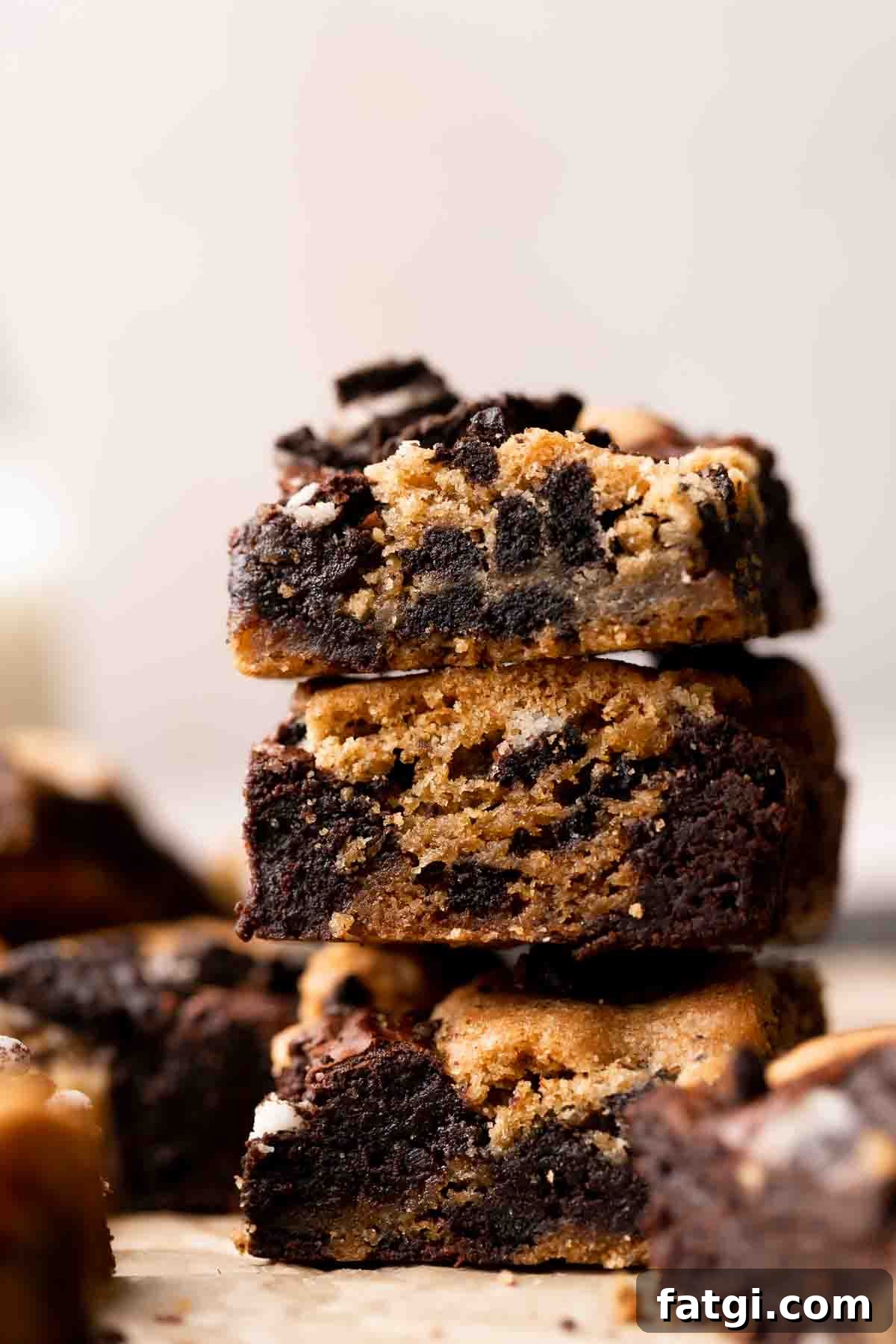 Oreo Brookies with Brownie and Cookie Layers 6 three brookies stacked on top of each other.