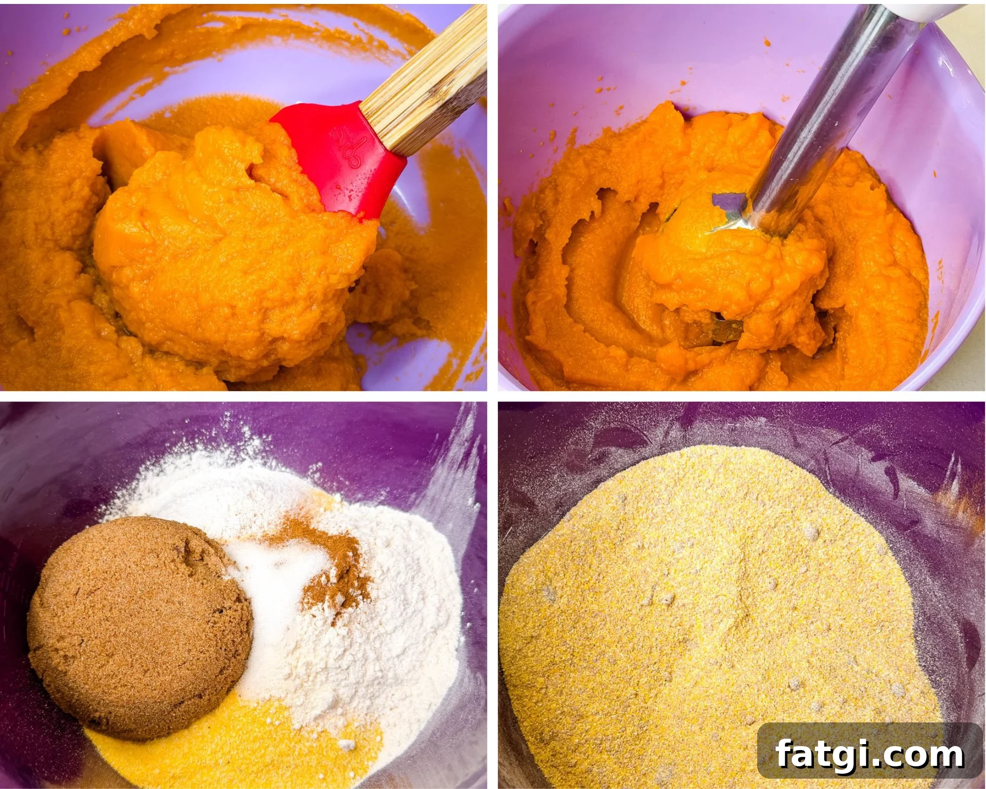 Sweet Potato Honey Cornbread Recipe 5 Collage featuring smooth sweet potato puree, an immersion blender blending sweet potatoes, and dry ingredients including cornmeal, flour, brown sugar, and spices in a mixing bowl.
