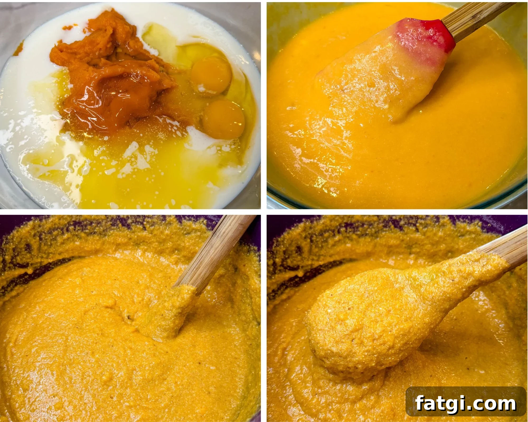 Sweet Potato Honey Cornbread Recipe 6 Collage showing sweet potato cornbread muffin batter being mixed with sweet potato puree, eggs, milk, and wet ingredients until smooth and thick.