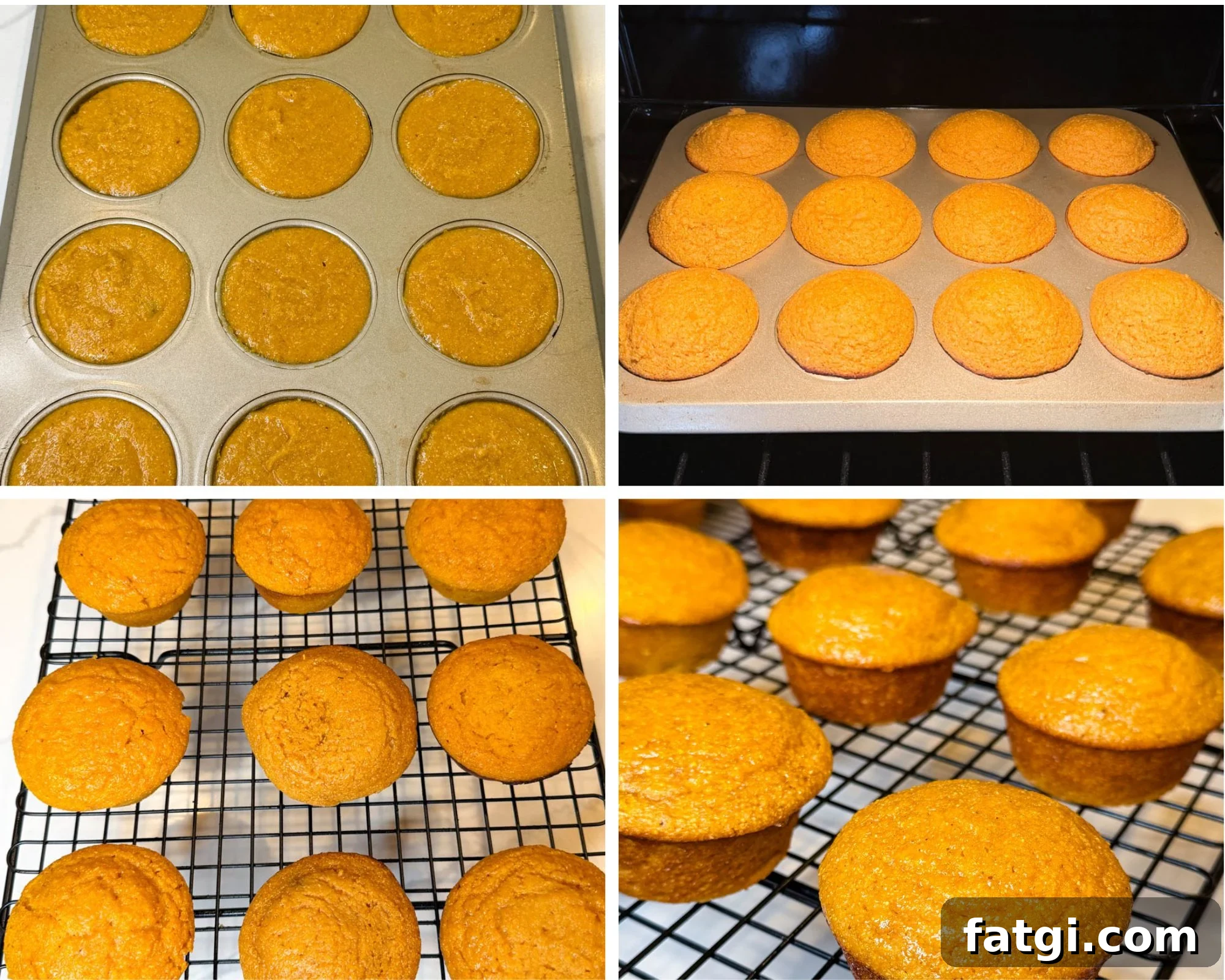 Sweet Potato Honey Cornbread Recipe 7 Collage showing sweet potato cornbread muffin batter portioned into a muffin pan, baked until golden brown, and cooling on a wire rack.