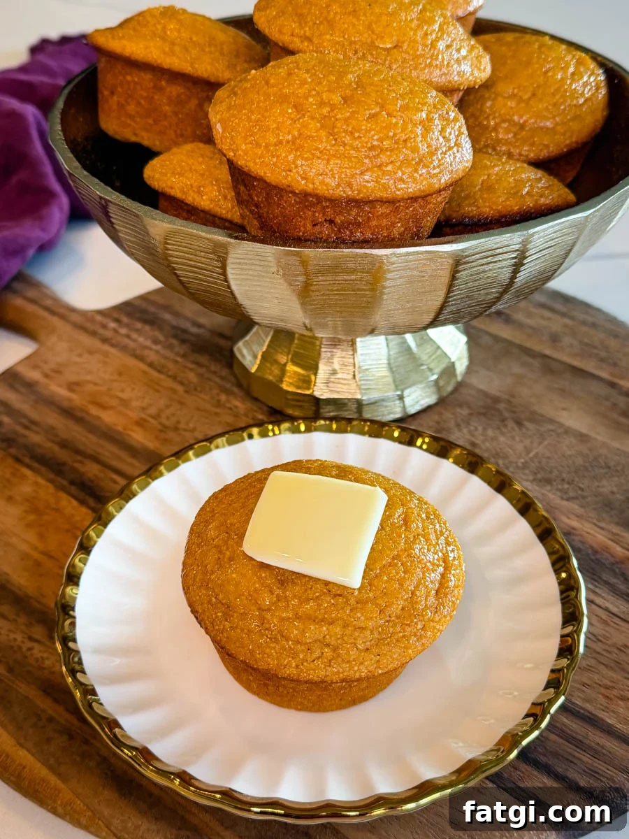 Sweet Potato Honey Cornbread Recipe 10 Close-up of a sweet potato honey cornbread muffin topped with butter, served in front of a bowl filled with additional muffins.