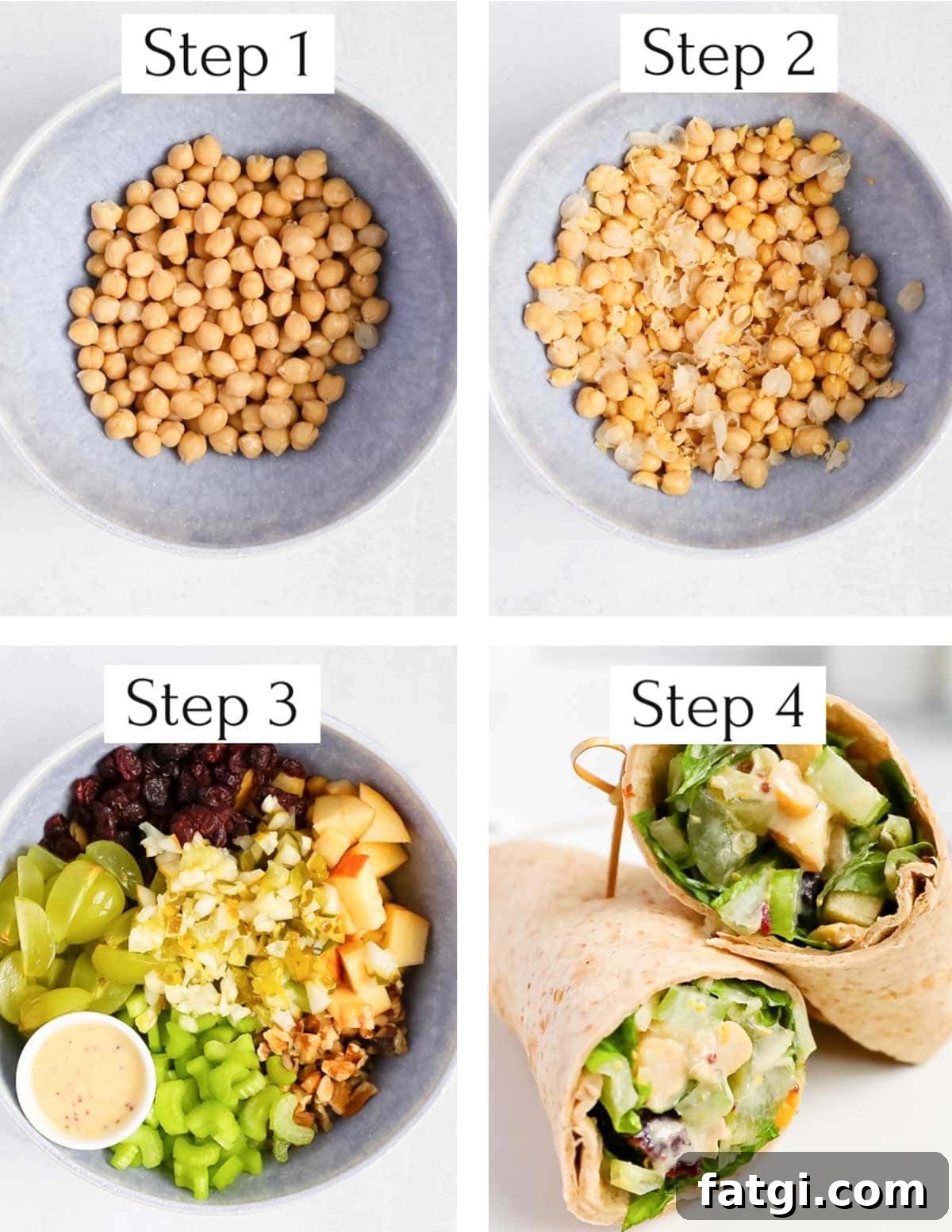 Four images labeled Step 1 through Step 4 showing chickpeas, mashed chickpeas, mixed chickpea salad ingredients, and a chickpea salad wrap.