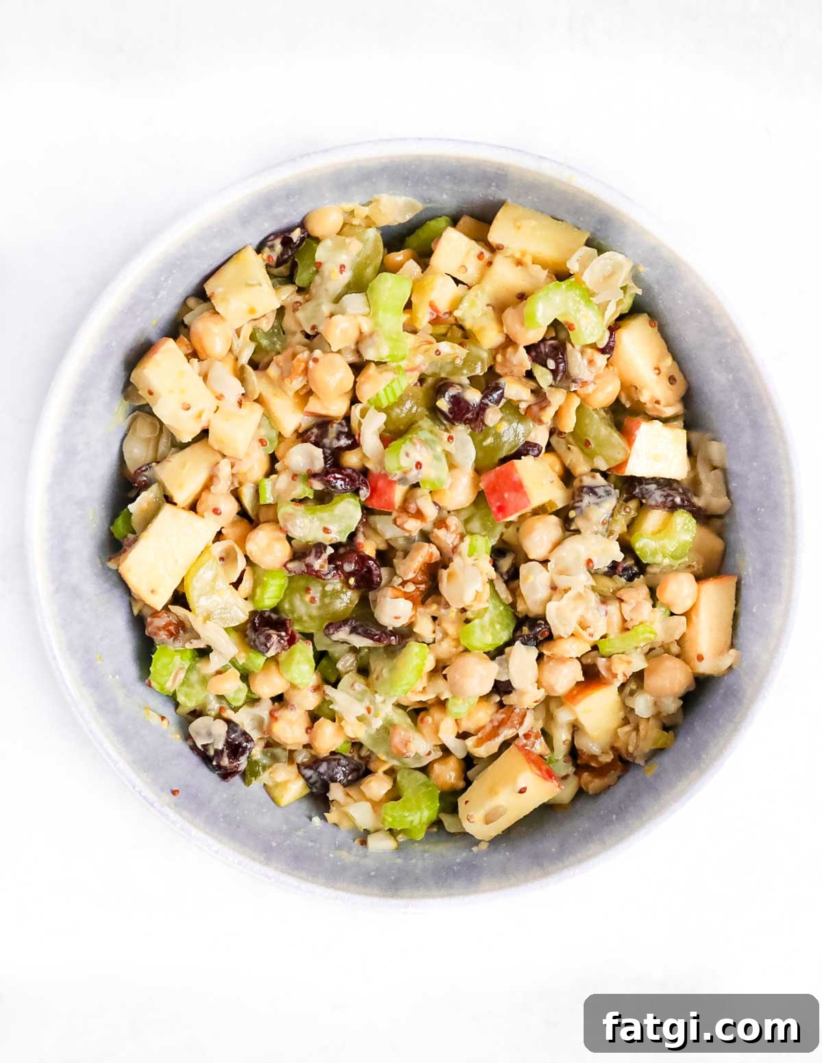 Apples, celery, dried cranberries, and chickpeas in a bowl.