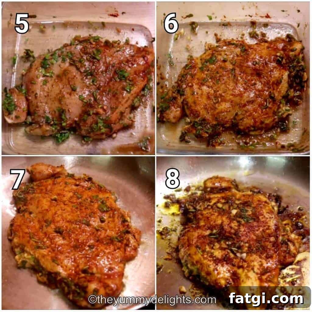 Collage image of 4 steps showing how to make cilantro lime chicken breast. It shows pan-frying the chicken breast.