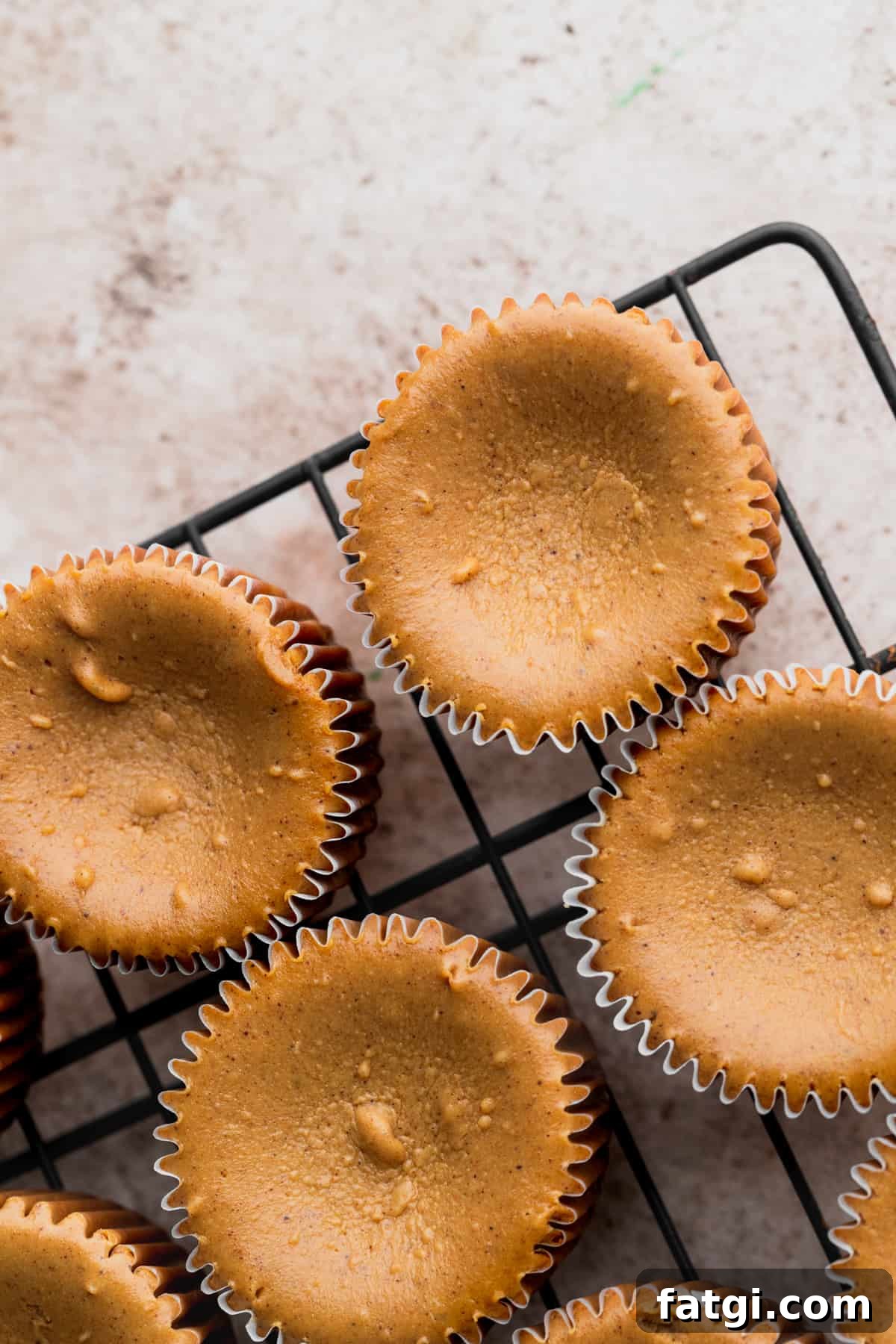 Baked cheesecakes on a wire rack.