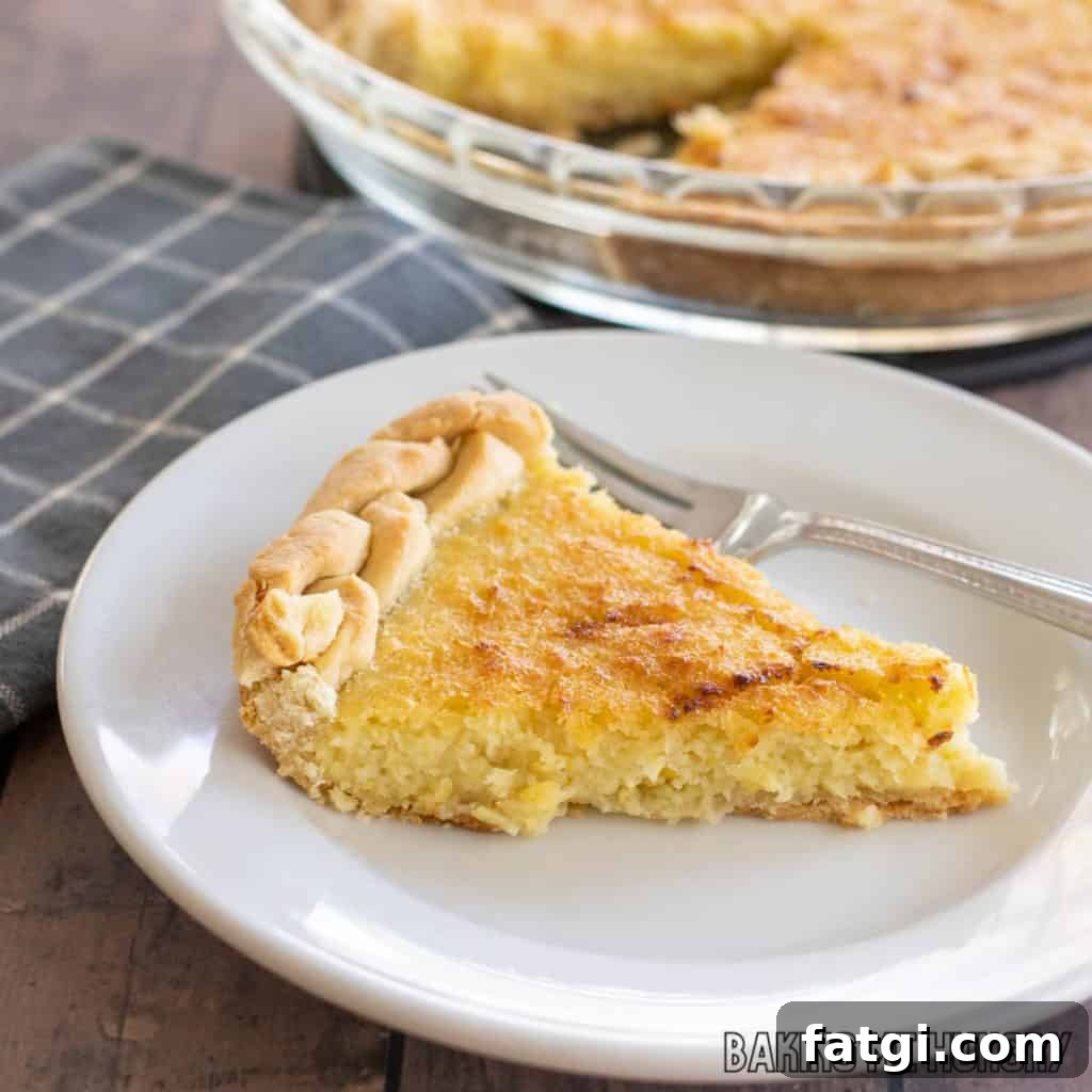 sweet corn pie recipe close up with slice on a plate and pie plate behind