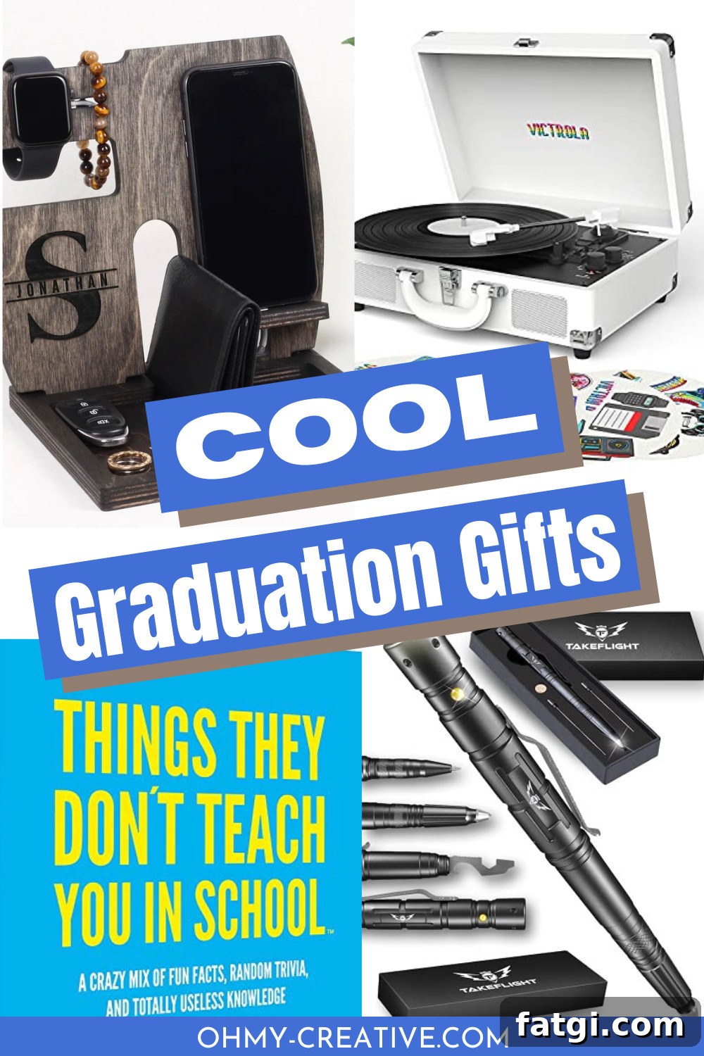 A collage of cool graduation gifts to give.