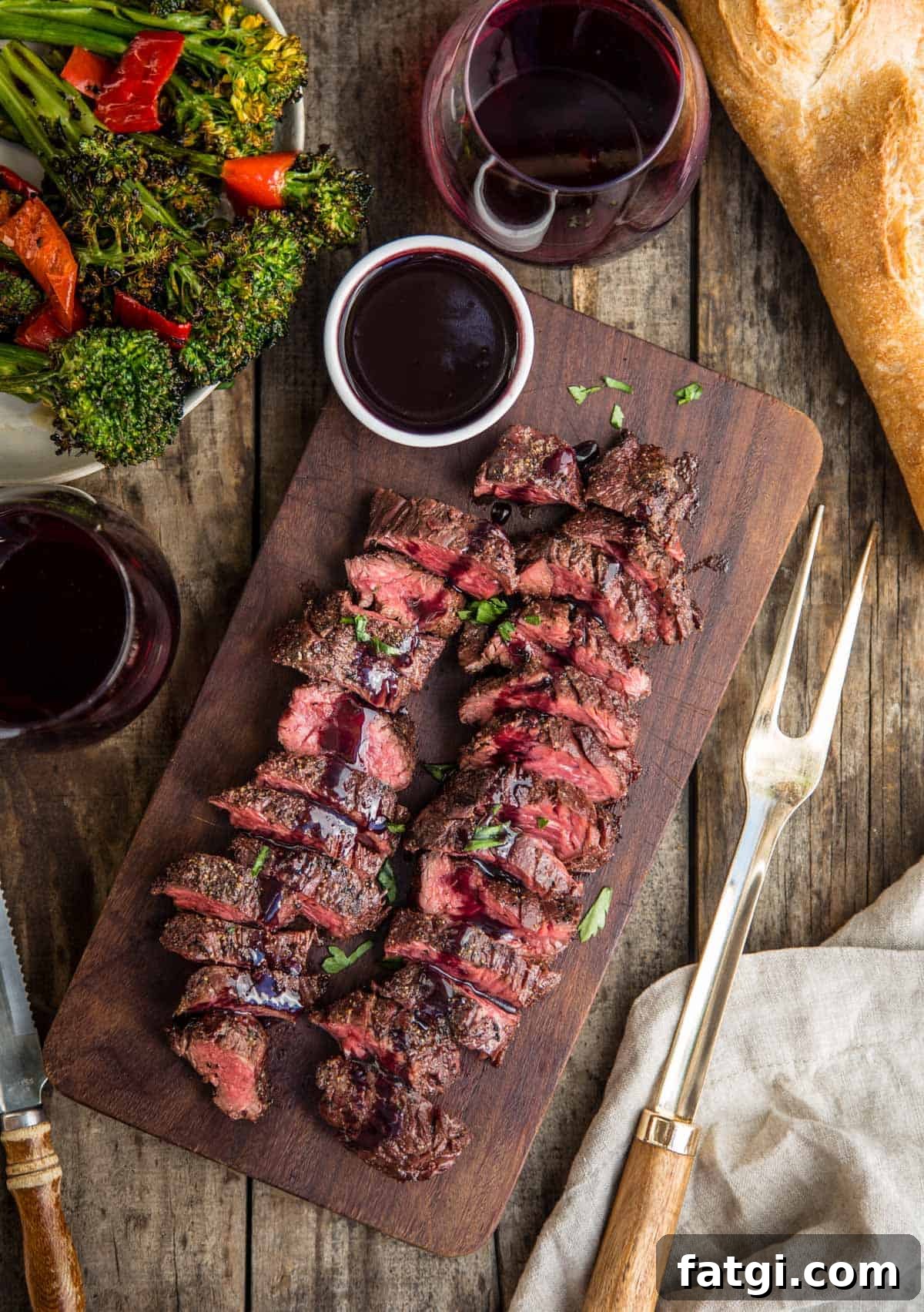 Grilled Hanger Steak on a wood serving platter covered in a wine reduction sauce and two glasses of wine