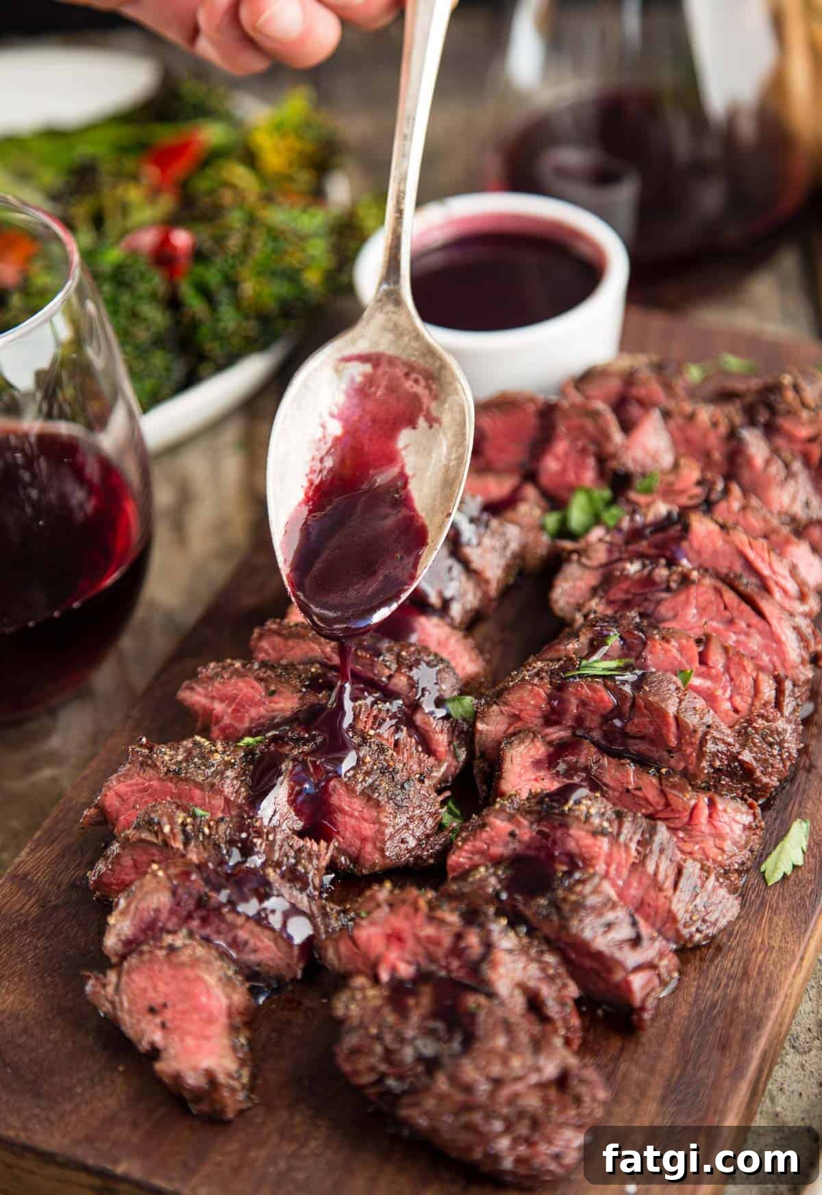 Slices of Grilled Hanger Steak with a wine reduction sauce being poured over the top