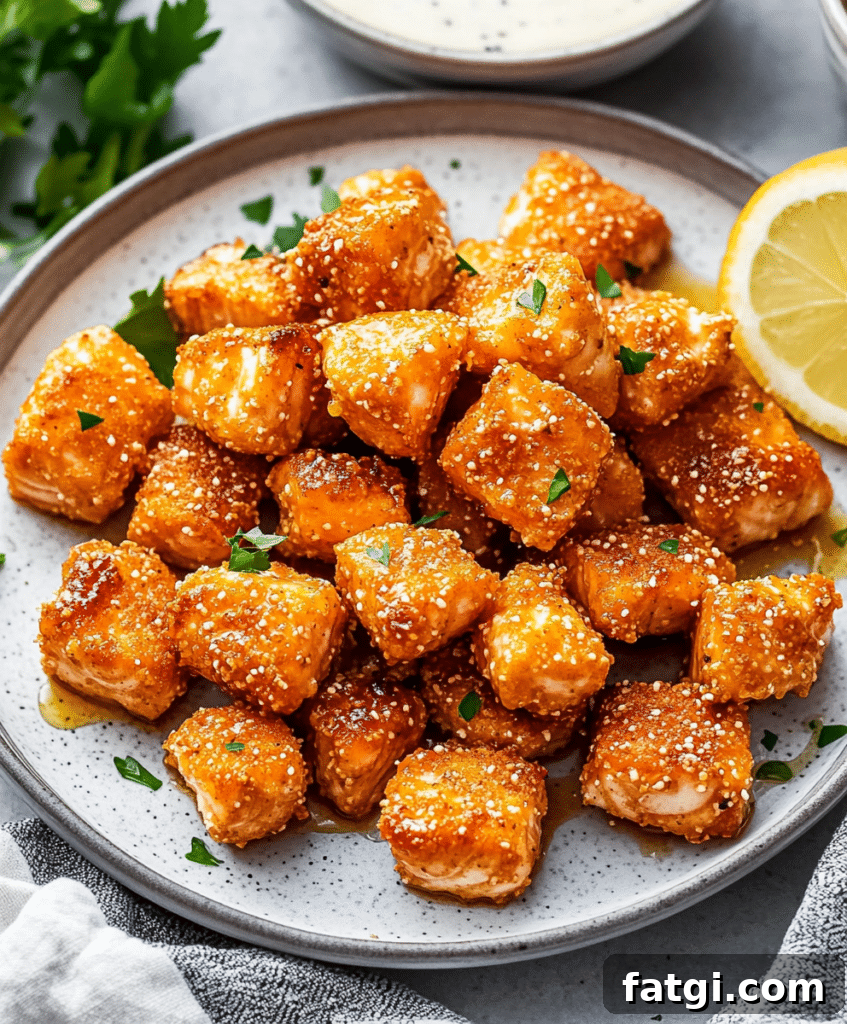 Hot Honey Air Fryer Salmon Bites Recipe 4 Cooked air fryer salmon bites coated in hot honey glaze