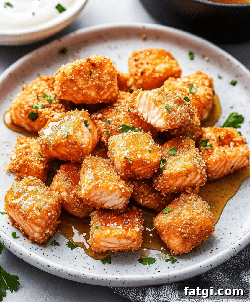 Hot Honey Air Fryer Salmon Bites Recipe 5 Hot honey air fryer salmon bites ready to serve
