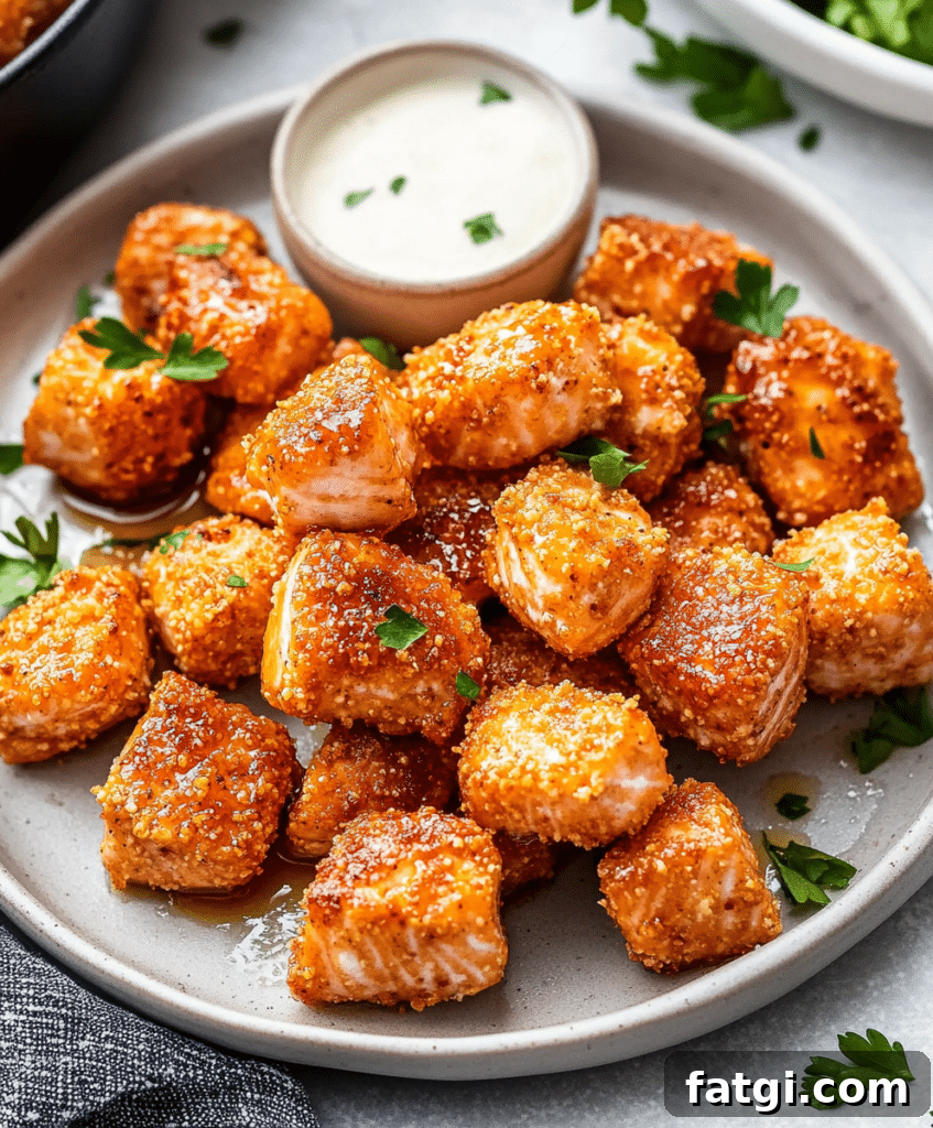 Air fryer salmon bites with hot honey recipe card image