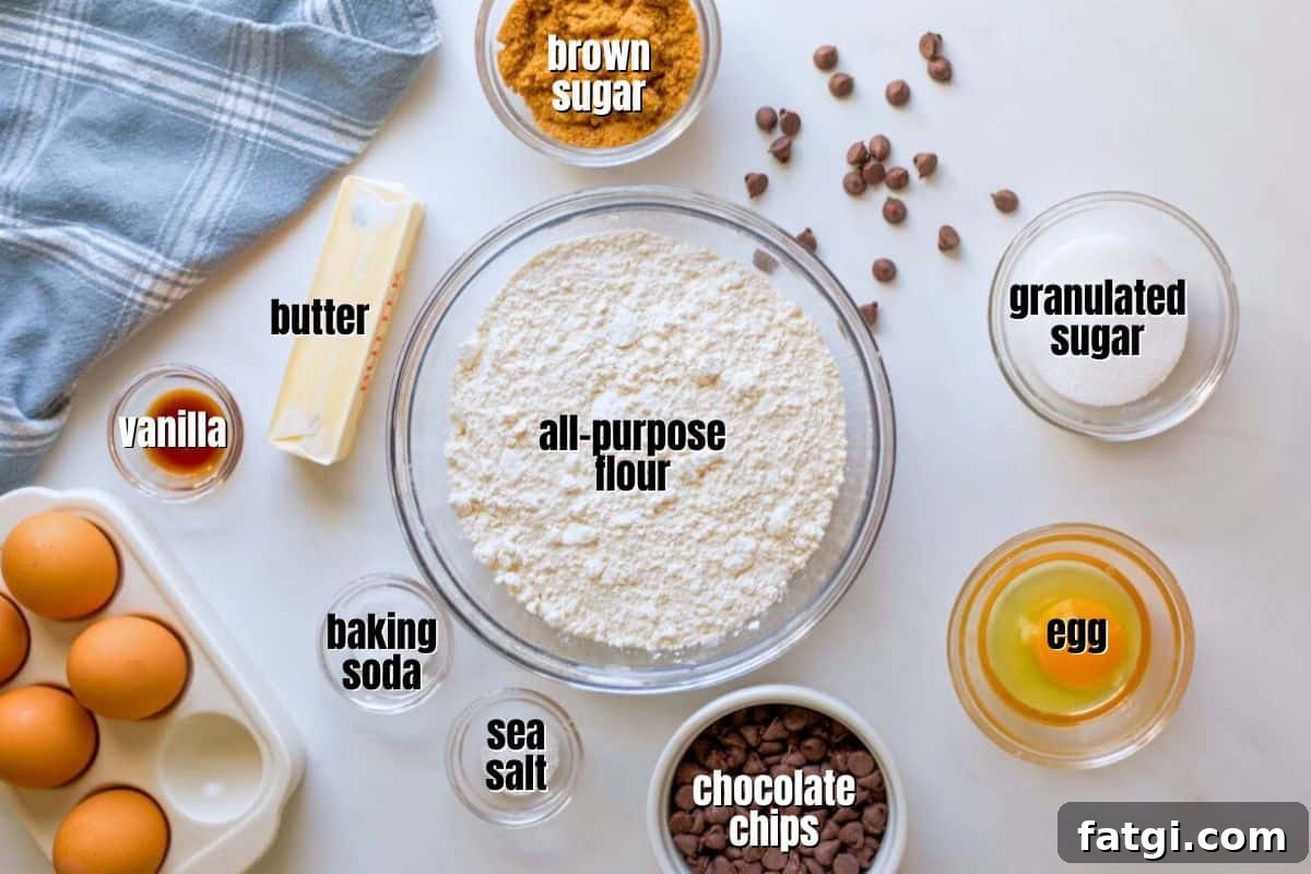Flour, eggs, chocolate chips, baking soda, sea salt, egg, granulated sugar, brown sugar, vanilla, and butter labeled on counter.