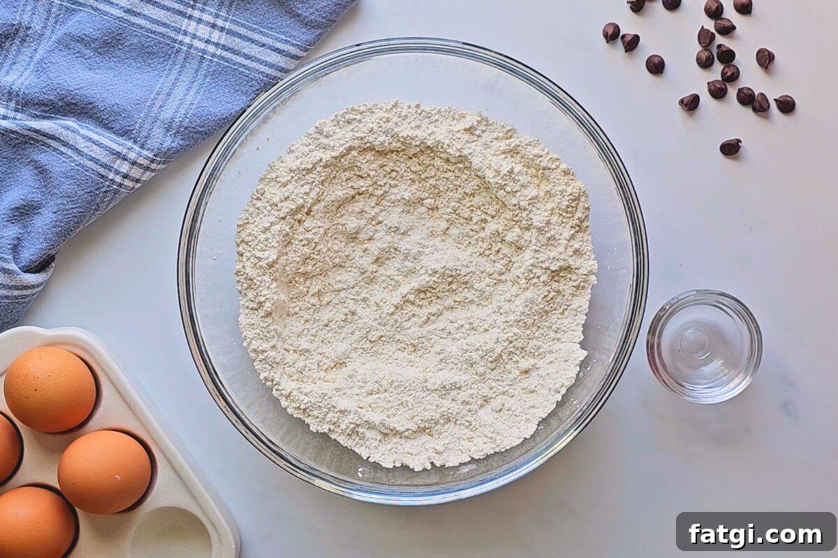 Flour whisked with sea salt and baking soda in mixing bowl for chocolate chip cookies.