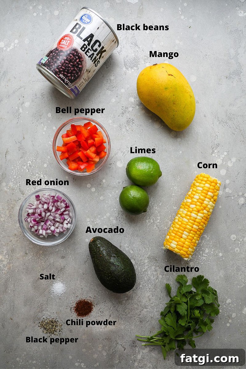 Zesty Black Bean, Mango and Avocado Salad 3 Ingredients used to make a black bean mango & avocado salad