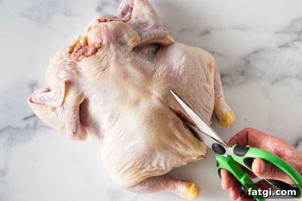 Herb Roasted Bundt Pan Chicken and Vegetables 6 Scissors, cutting the chicken.