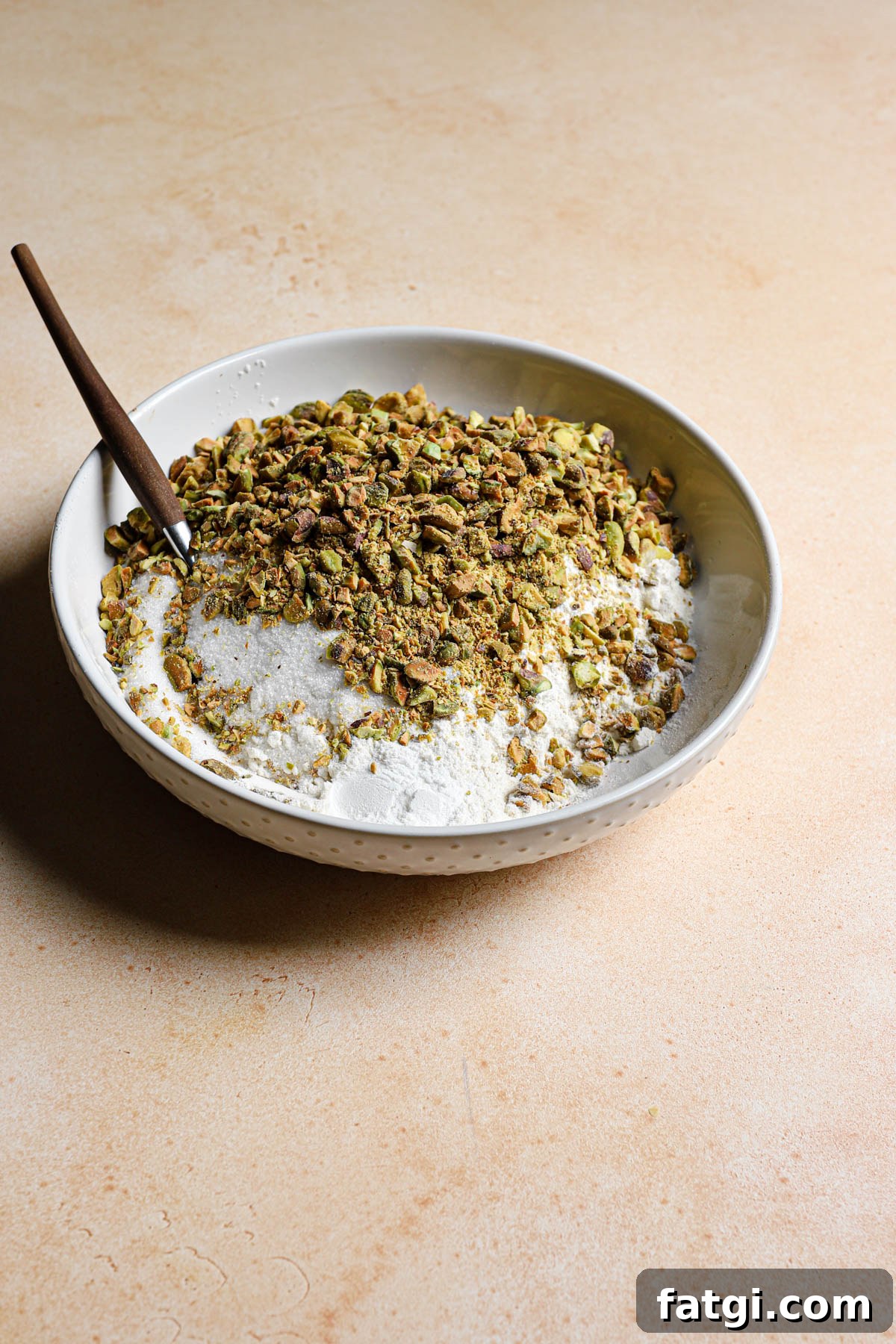 Double Pistachio Muffins with Cream Cheese Filling 3 A bowl with flour mixture and chopped pistachios.