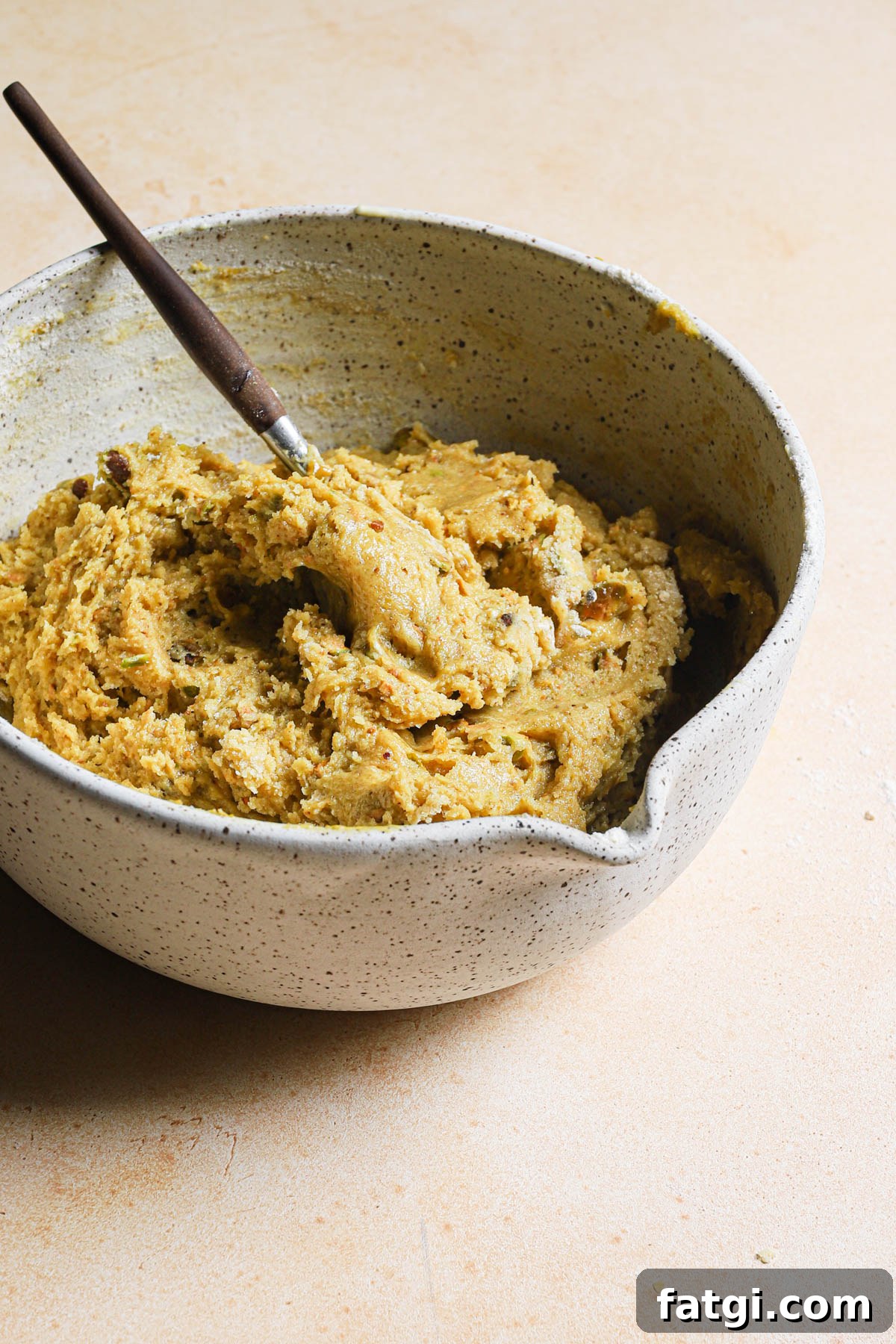 Double Pistachio Muffins with Cream Cheese Filling 8 Pistachio muffin batter in a bowl with a spoon.