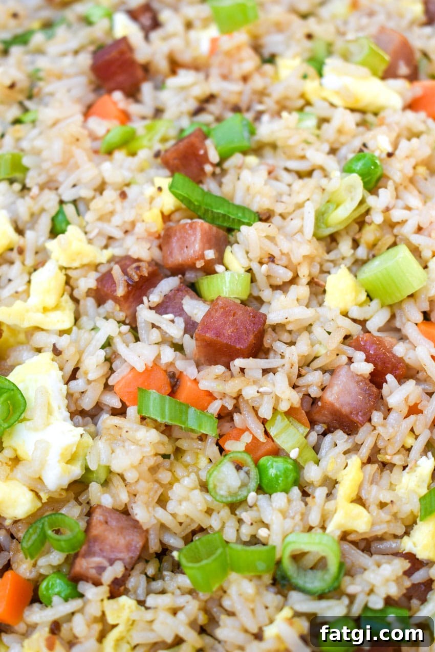 spam fried rice in a large white serving bowl