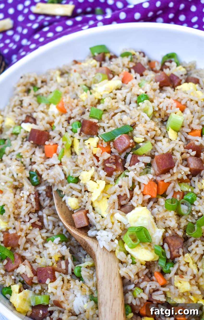 a wooden spoon stuck in a bowl of spam fried rice