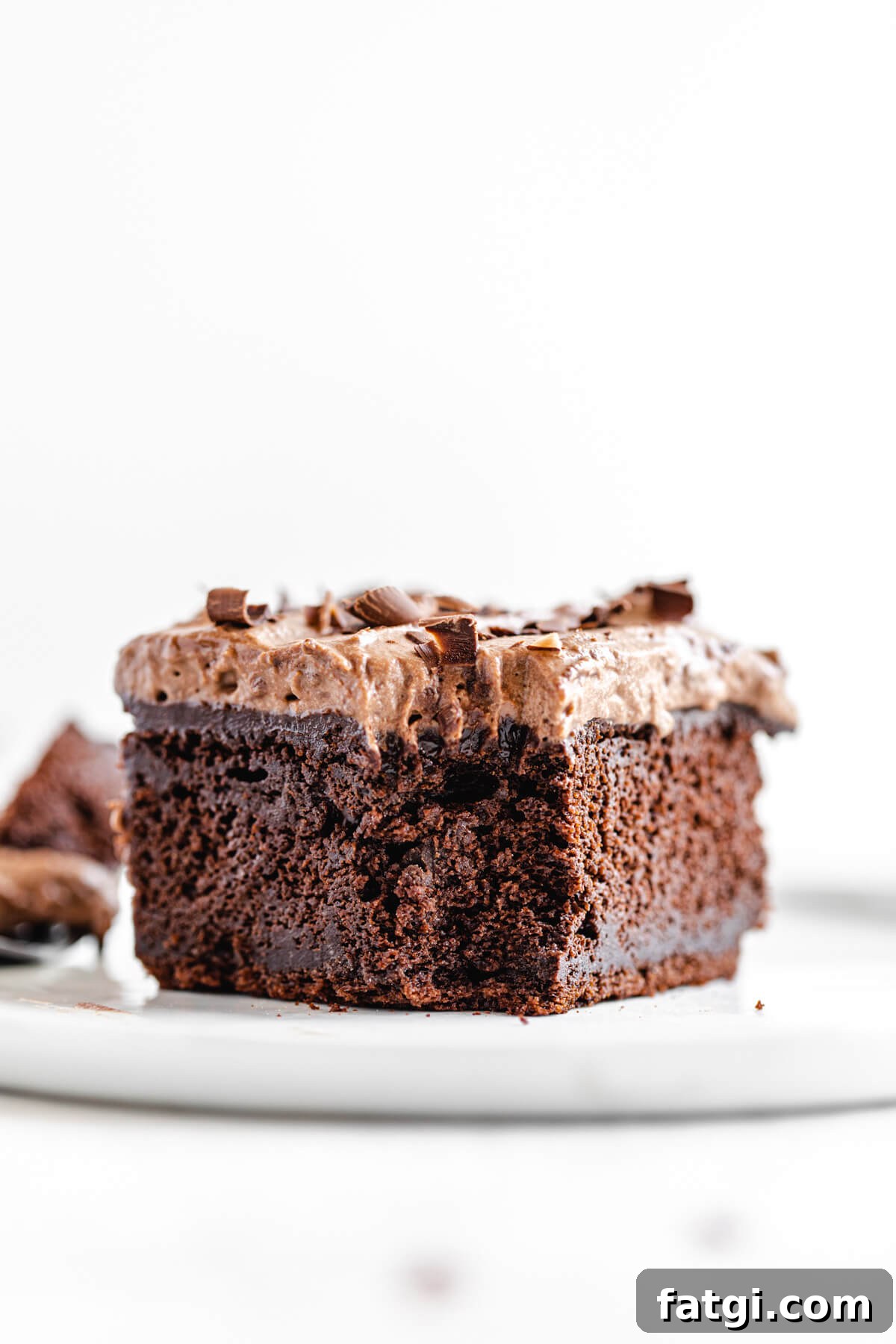 slice of cake with bite removed on a white plate