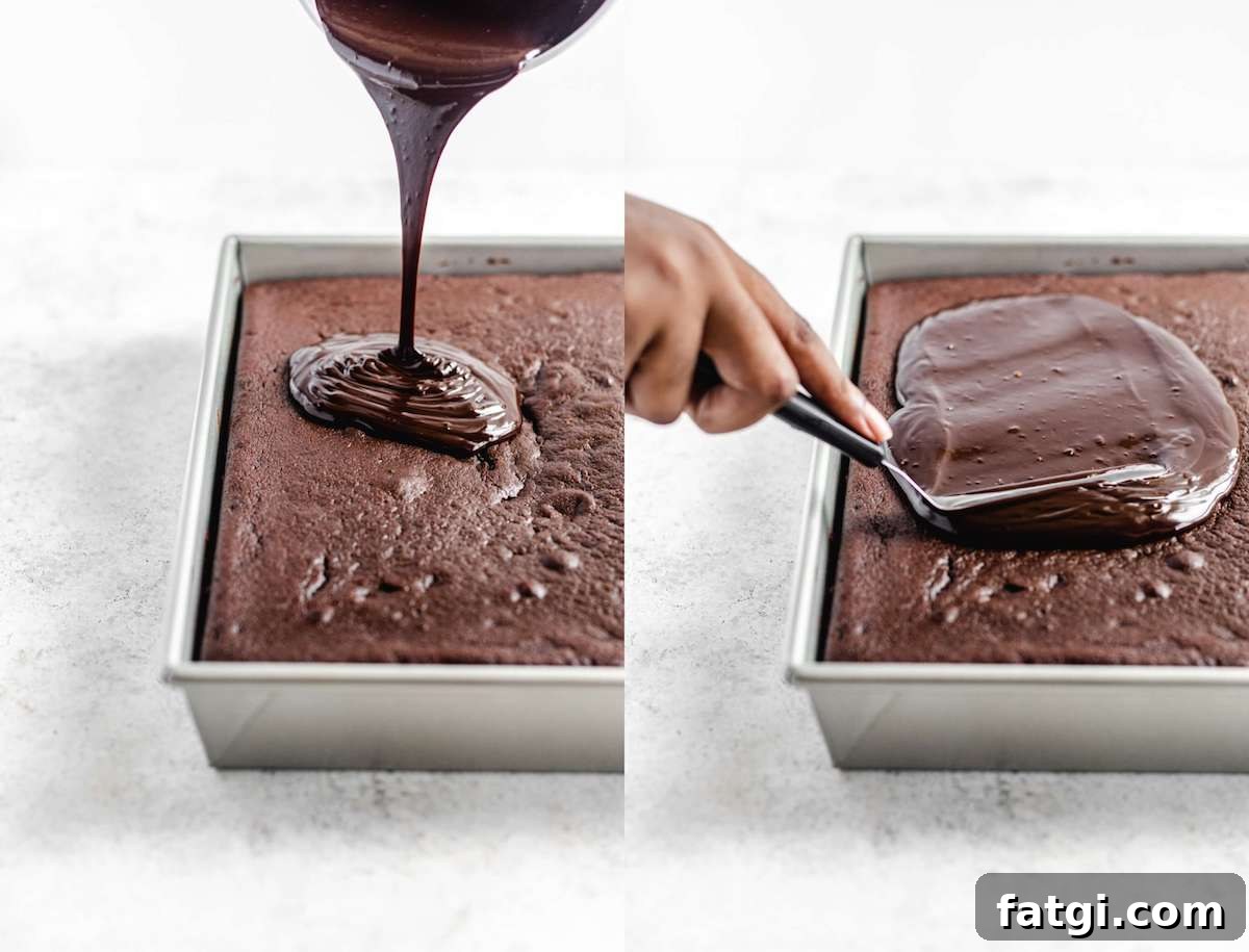 pouring ganache on top of chocolate cake