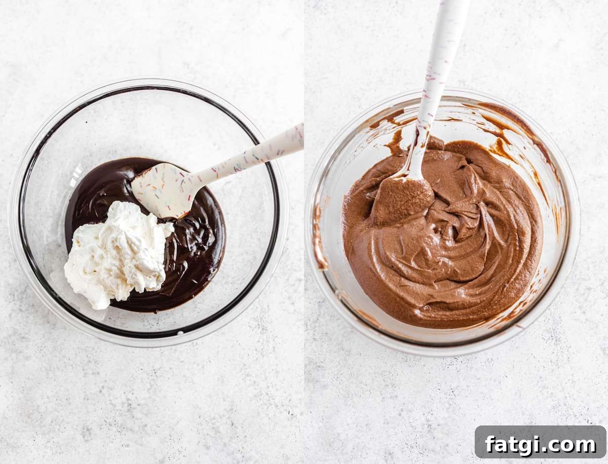 adding whipped cream to ganache to make chocolate mousse