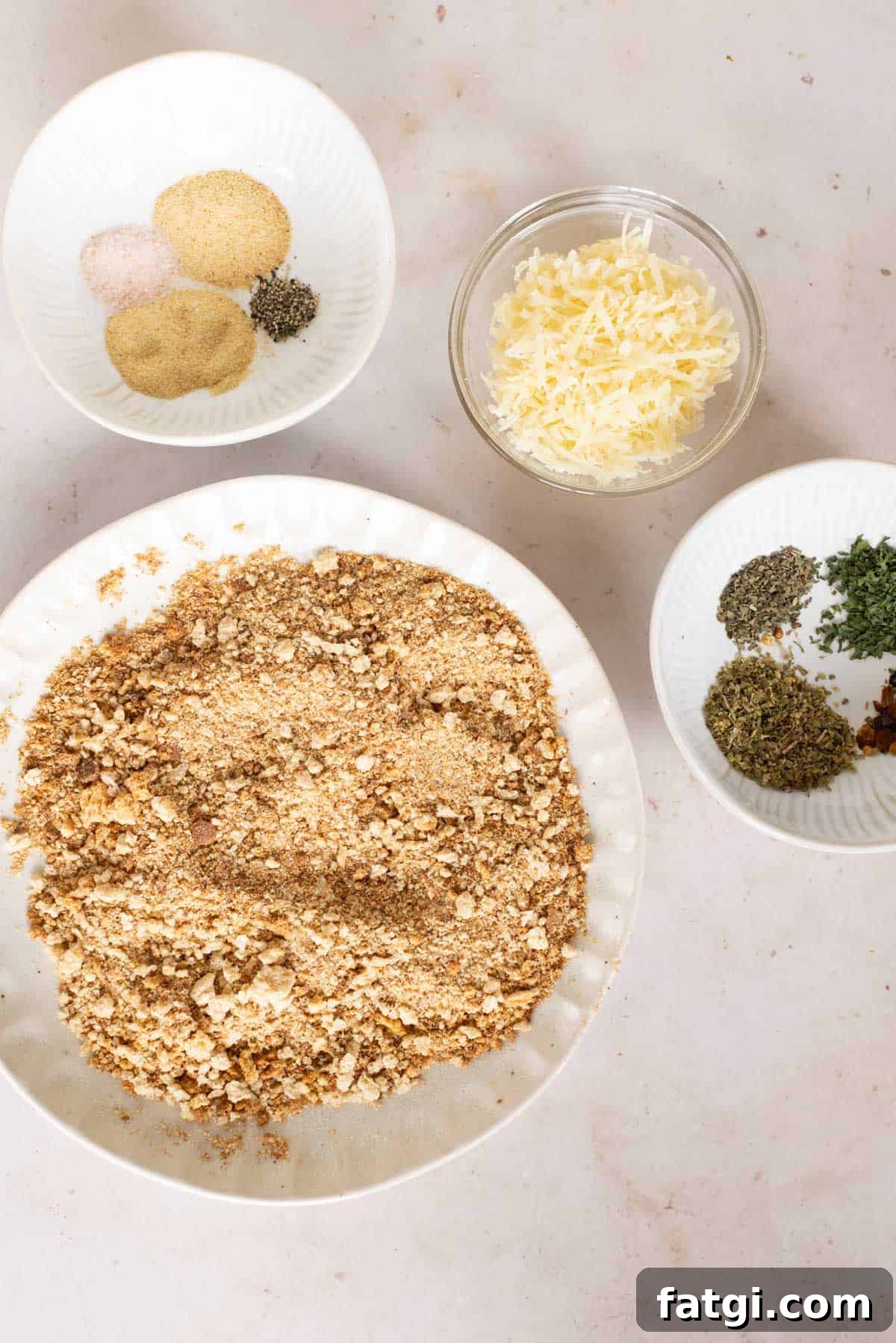 Breadcrumbs, Italian spices and shredded parmesan cheese on white plates.