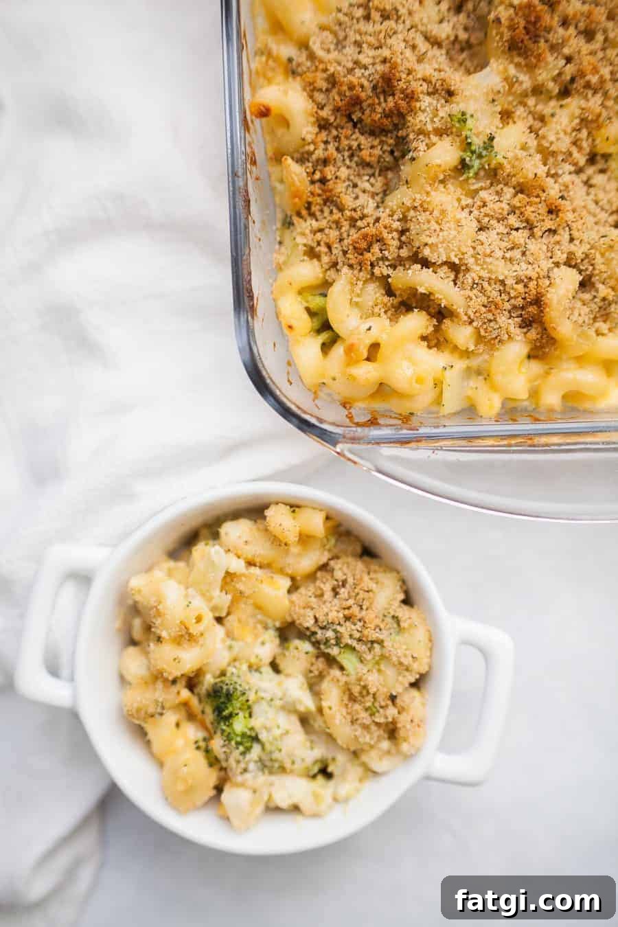Baked macaroni and cheese with a bread crumb topping.
