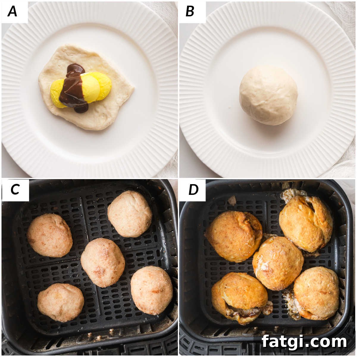 Air Fryer Peeps Crescent Rolls 6 image collage showing the steps for making air fryer peeps rolls