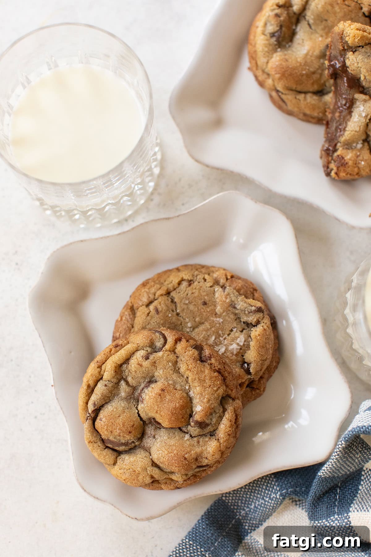Brown butter chocolate chip cookies on a plate.