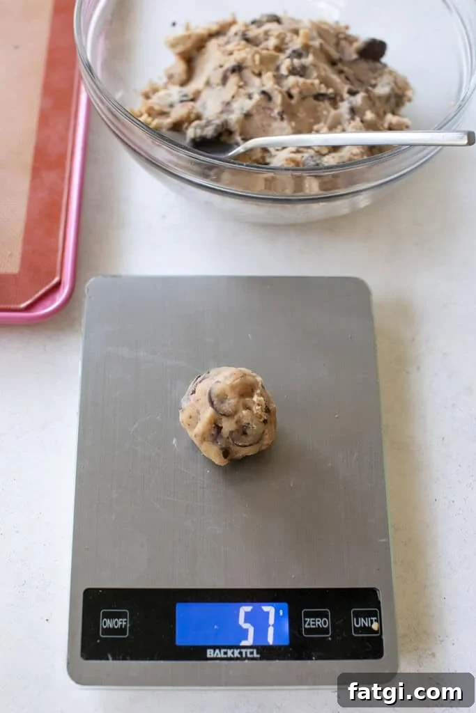 Weighing each brown butter cookie ball on a kitchen scale.