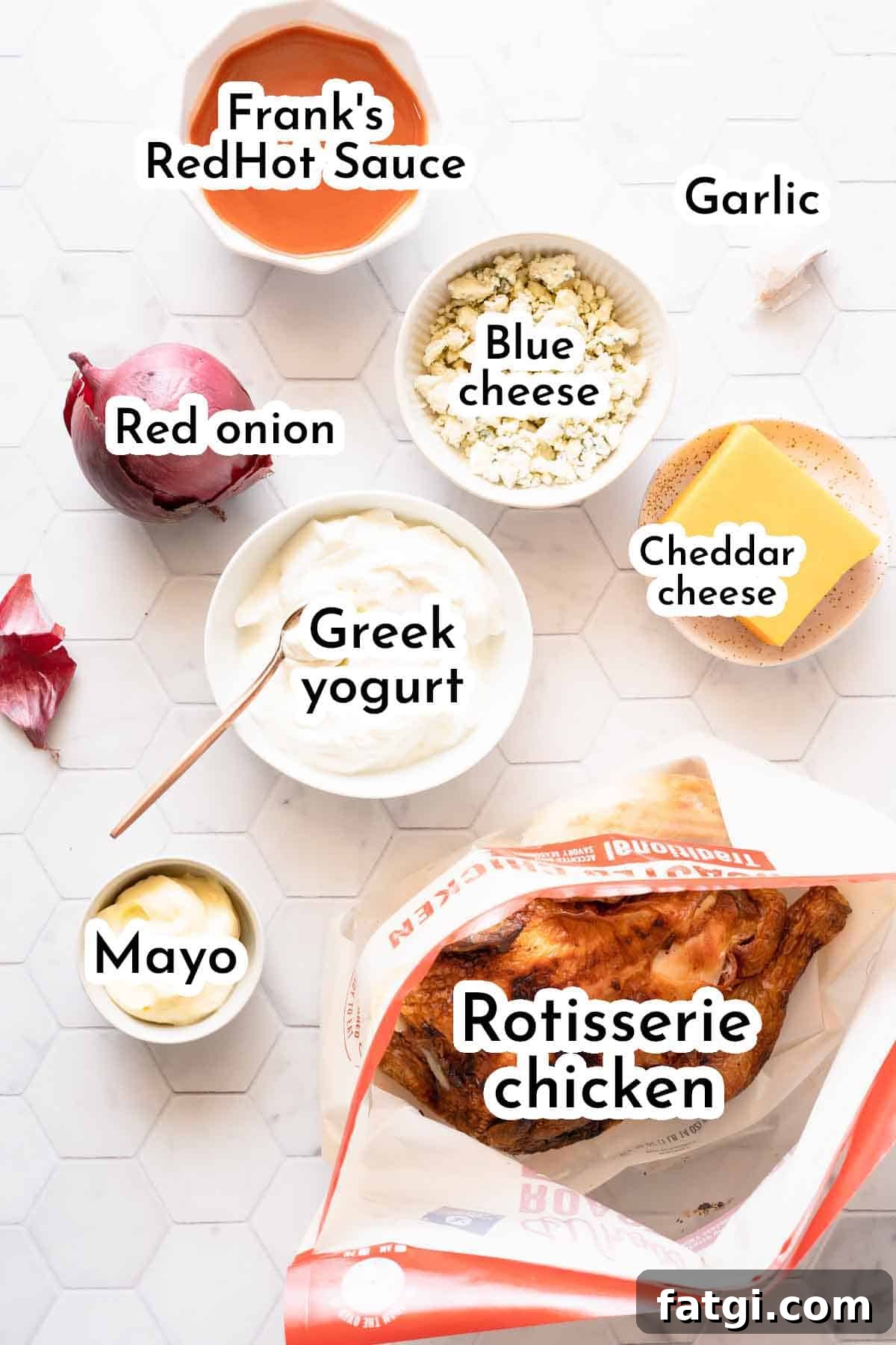 ingredients for recipe on white background with text labels.