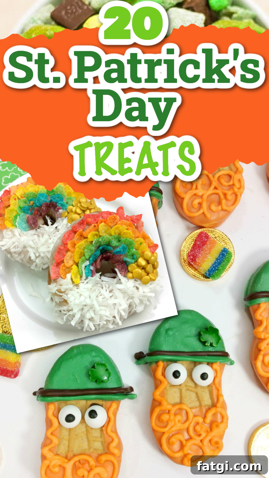 A pin image collage of St. Patrick's Day desserts including rainbow donuts and leprechaun cookies