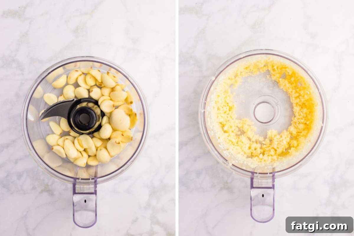 Make Garlic Powder at Home Using a Dehydrator 4 Garlic cloves in food processor before and after chopping.