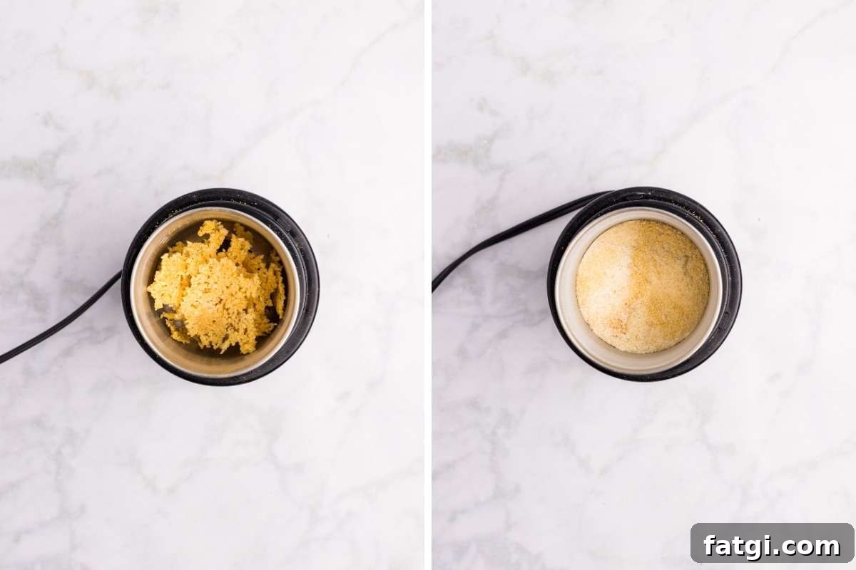 Make Garlic Powder at Home Using a Dehydrator 7 Dried garlic pieces in a grinder before and after grinding.