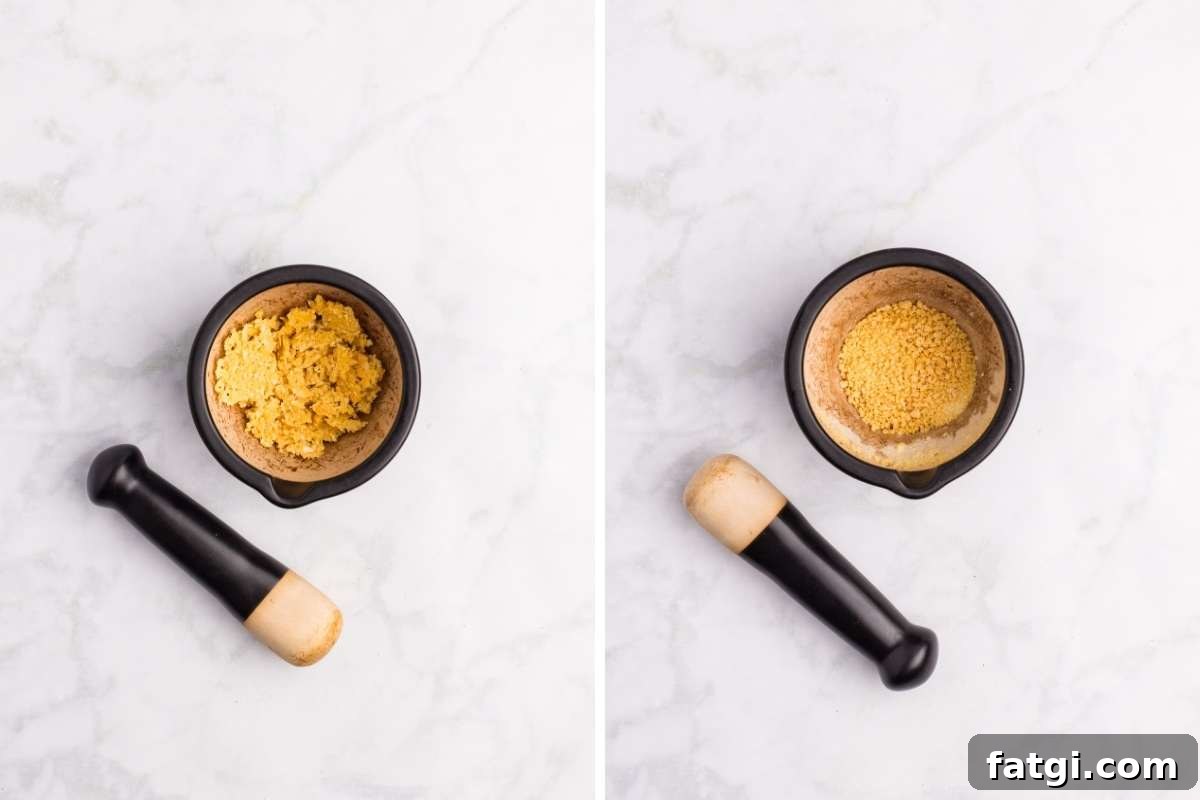 Make Garlic Powder at Home Using a Dehydrator 8 Dried garlic in a mortar before and after crushing.