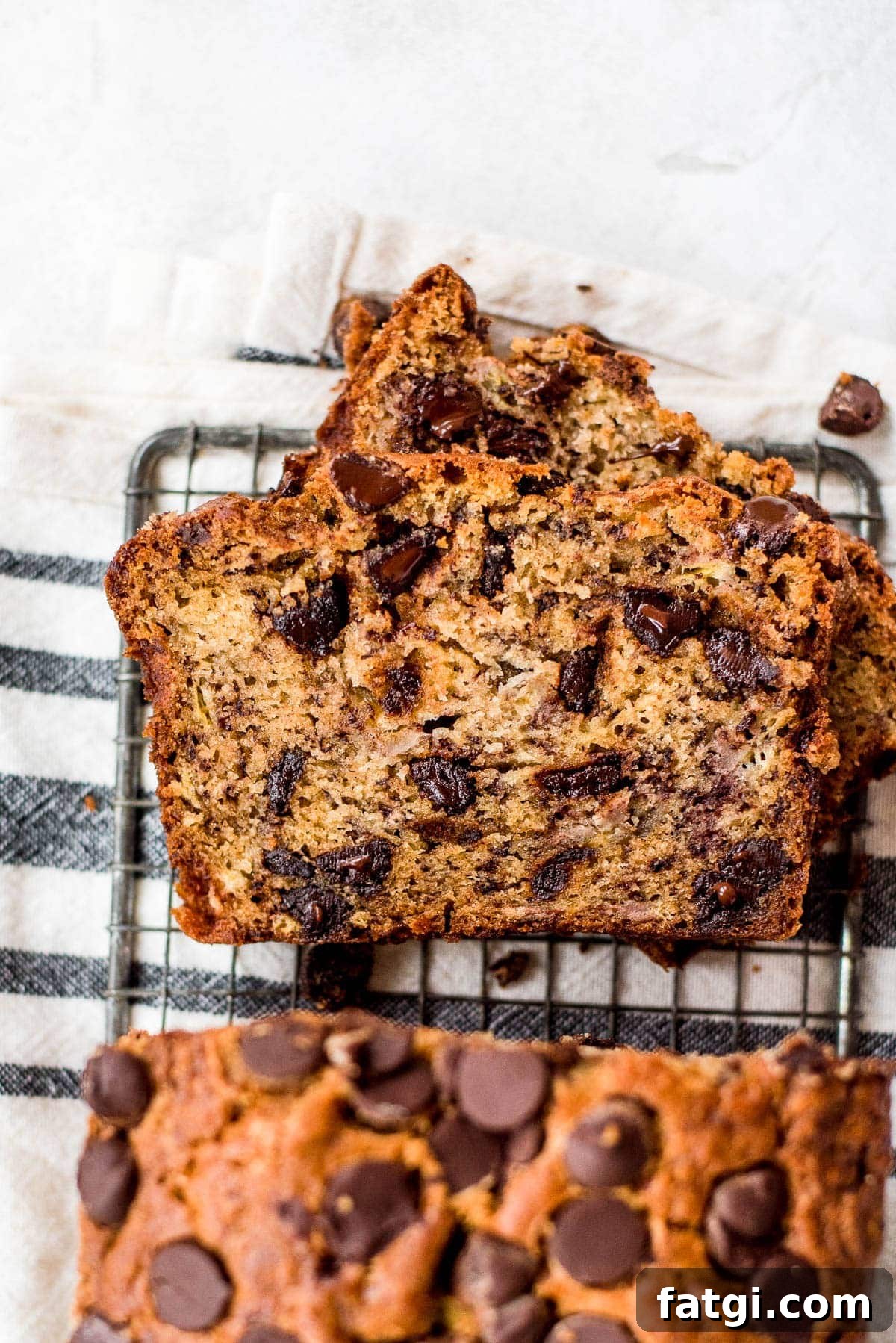 close up of slices of chocolate chip banana bread
