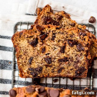 close up of slices of chocolate chip banana bread